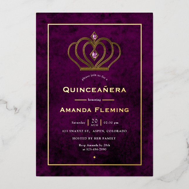 Purple and Gold Gemstone Crown Quinceañera Foil Invitation (Front)