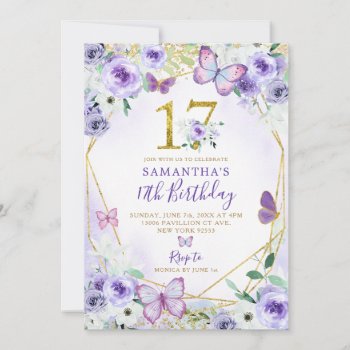Purple And Gold Geometric Butterfly 17th Birthday Invitation by HappyPartyStudio at Zazzle
