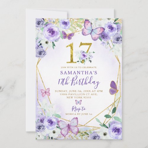 Purple and Gold Geometric Butterfly 17th Birthday Invitation