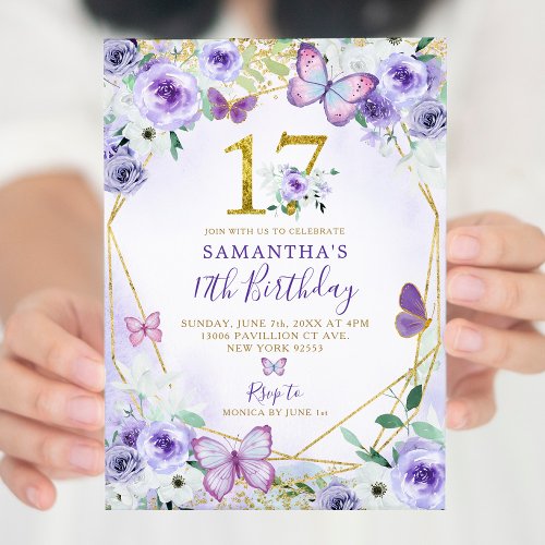 Purple and Gold Geometric Butterfly 17th Birthday Invitation