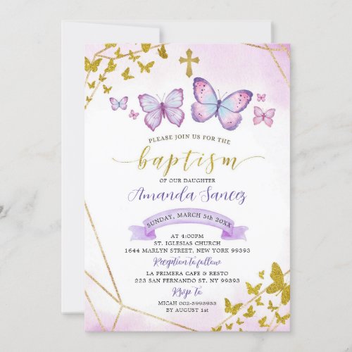Purple and Gold Geometric Butterfly Baptism Invita Invitation
