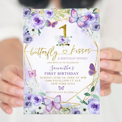 Purple and Gold Geometric Butterfly First Birthday Invitation