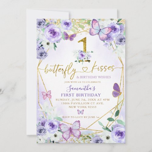 Purple and Gold Geometric Butterfly First Birthday Invitation