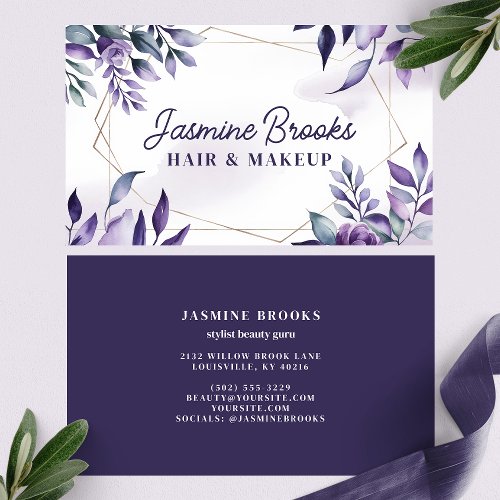 Custom Business Cards 9 Purple And Gold Geometric Frame Watercolor Leaves Business Card