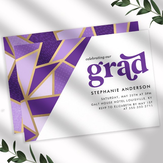 Purple and Gold Geometric Graduation Party Invitation (Creator Uploaded)