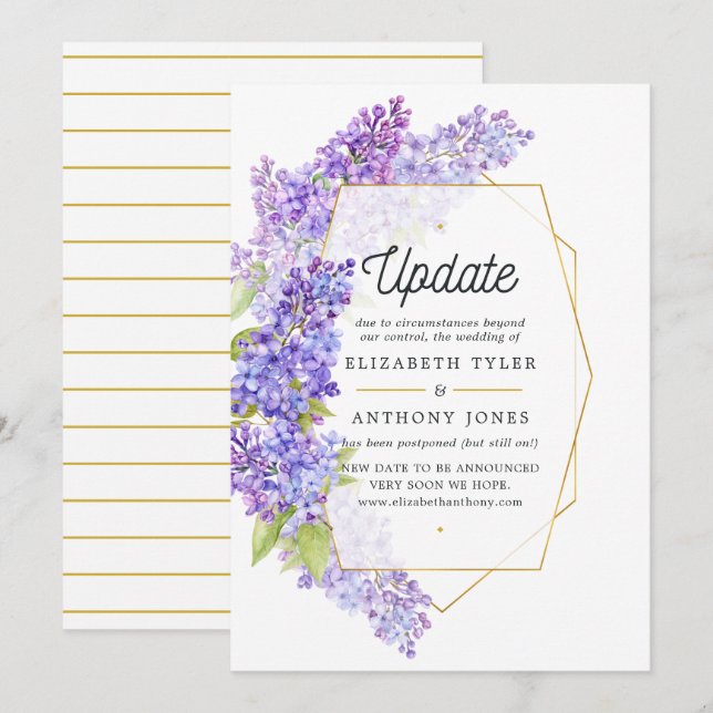 Purple and Gold Geometric Herbarium Wedding Update Invitation (Front/Back)