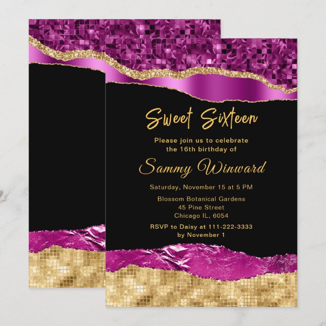Purple and Gold Glam Tears Sweet Sixteen Invitation (Front/Back)