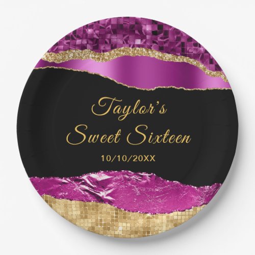 Purple and Gold Glam Tears Sweet Sixteen Paper Plates