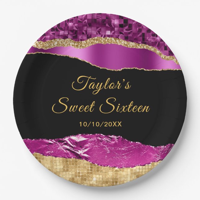Purple and Gold Glam Tears Sweet Sixteen Paper Plates (Front)
