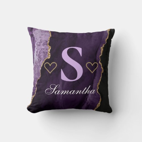 Purple and Gold Gliter Agate Design Throw Pillow