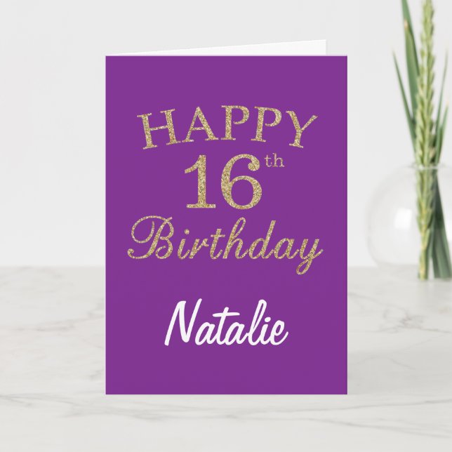Purple and Gold Glitter 16th Birthday Card (Front)