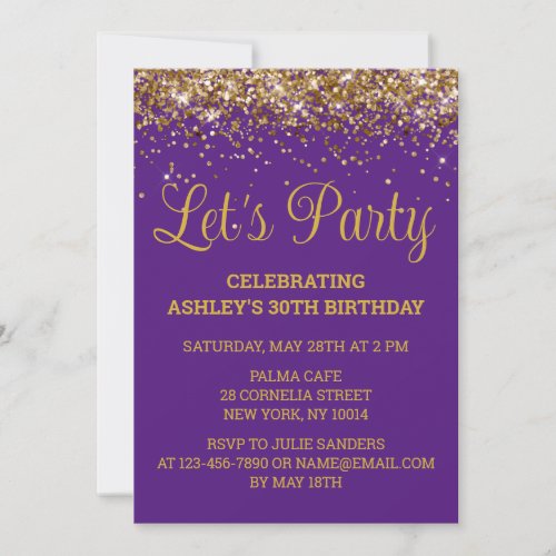 Purple and Gold Glitter 30th Birthday Lets Party Invitation