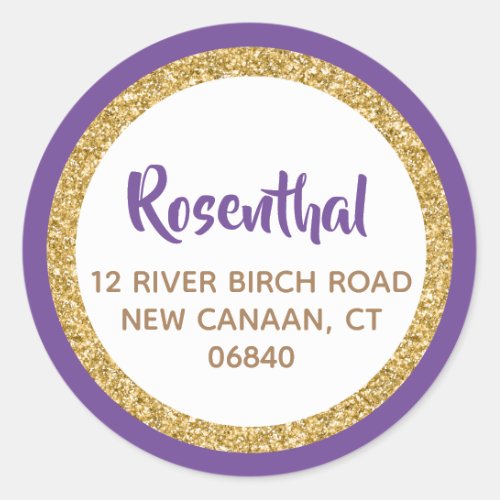 Purple and Gold Glitter Address Classic Round Sticker