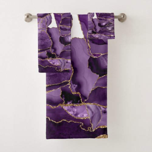 Purple and gold glitter agate bath towel set