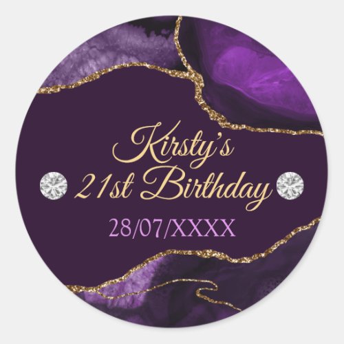 Purple and Gold Glitter Agate Birthday Classic Round Sticker
