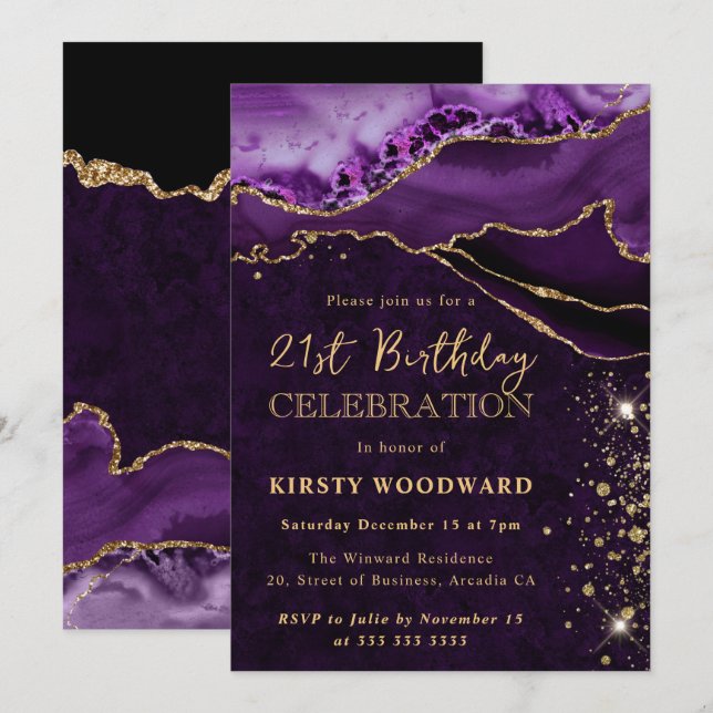 Purple and Gold Glitter Agate Birthday Invitation (Front/Back)