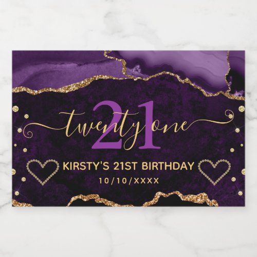 Purple and Gold Glitter Agate Marble 21st Birthday Sparkling Wine Label