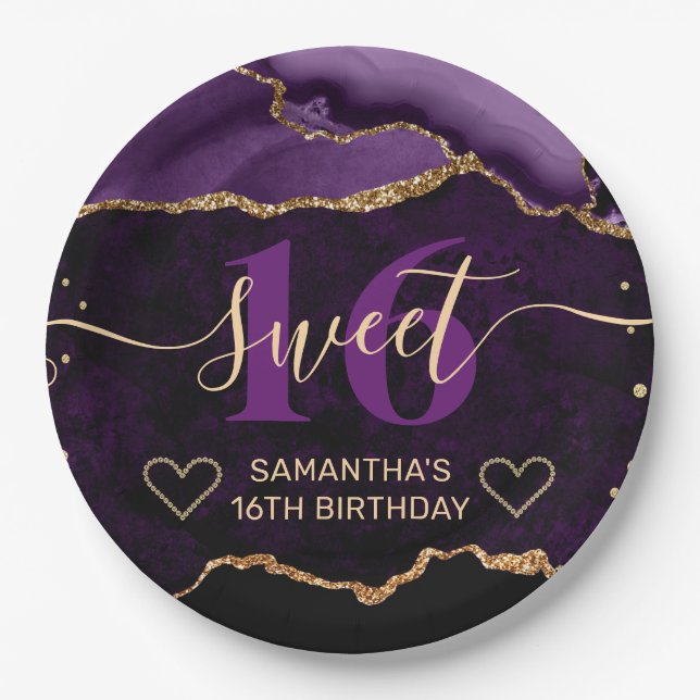 Purple and Gold Glitter Agate Marble Sweet 16  Paper Plates (Front)
