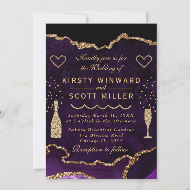 Purple and Gold Glitter Agate Marble Wedding Invitation (Front)