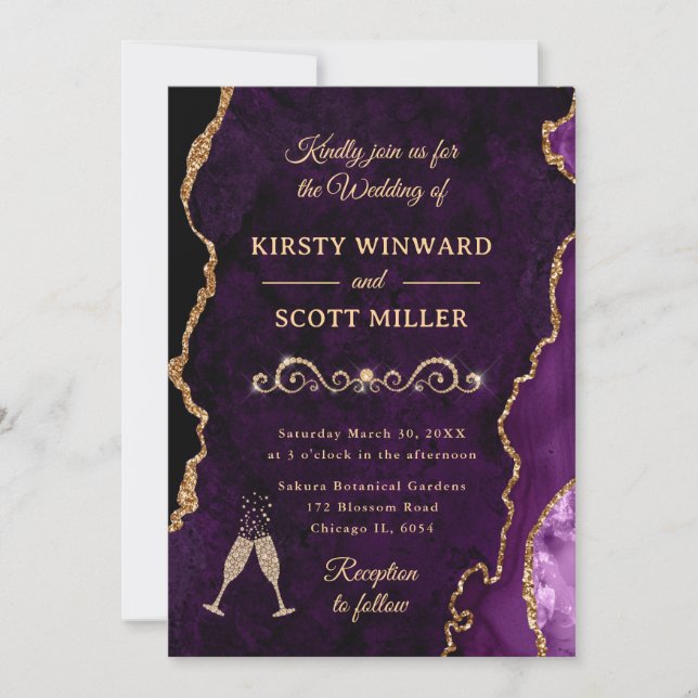 Purple and Gold Glitter Agate & Marble Wedding Invitation (Front)