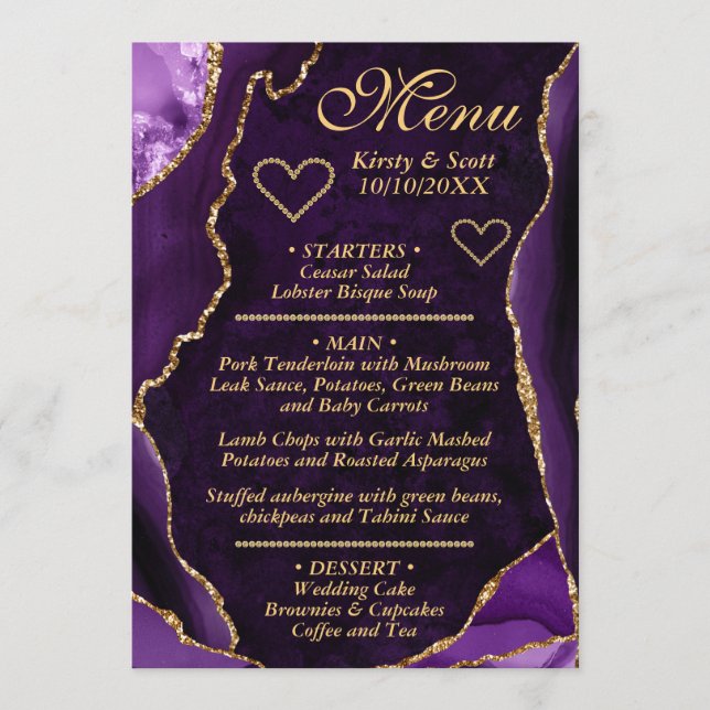 Purple and Gold Glitter Agate Marble Wedding Menu (Front)