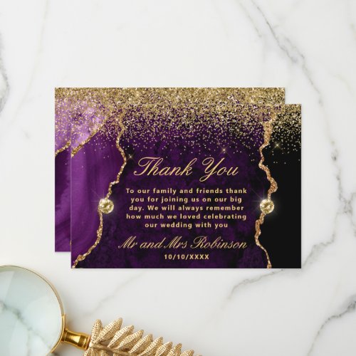 Purple and Gold Glitter Agate Marble Wedding Thank You Card