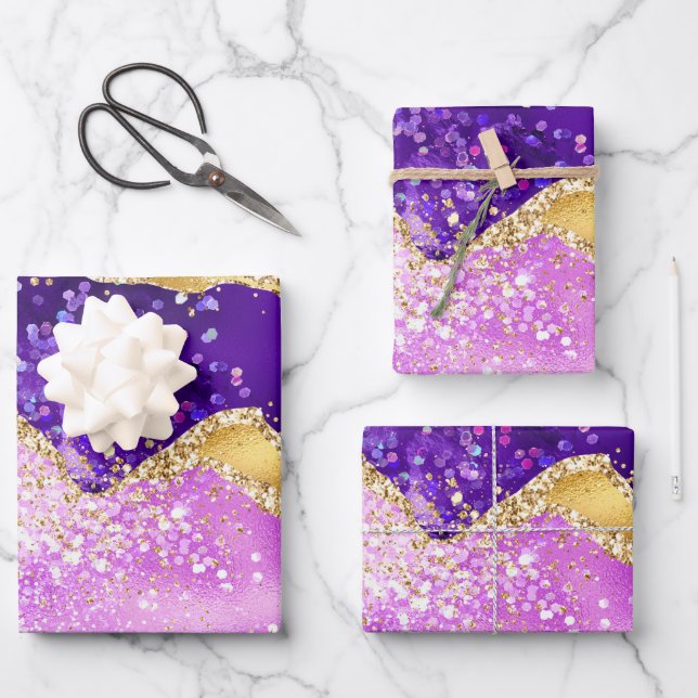 Purple and Gold Glitter Agate Pattern Wrapping Paper Sheets (Front)
