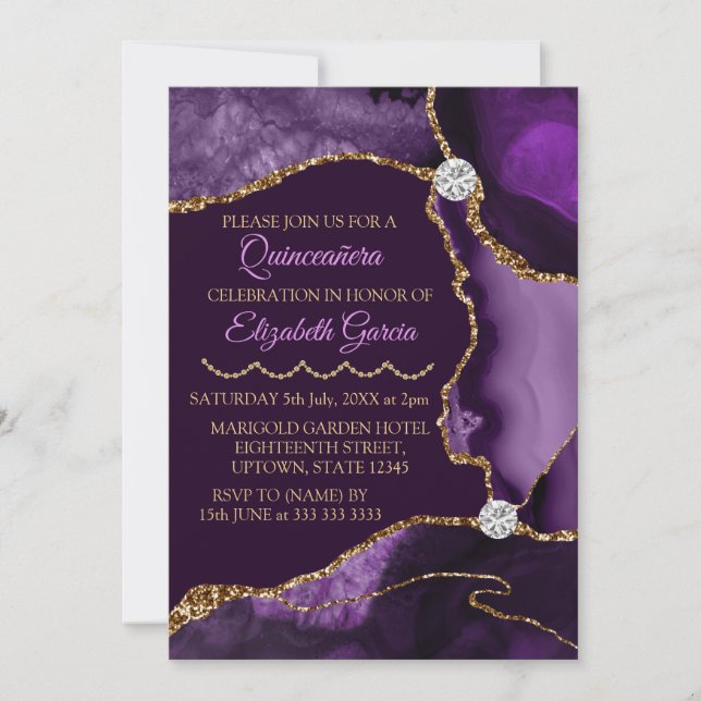 Purple and Gold Glitter Agate Quinceanera Invitation (Front)