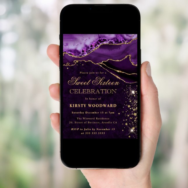 Purple and Gold Glitter Agate Sweet 16 Invitation (Front Digital)