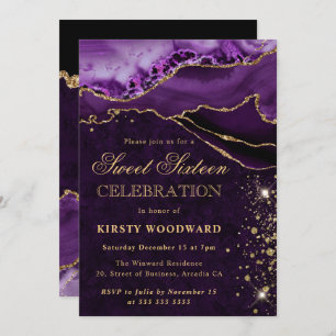 Purple and Gold Glitter Agate Sweet 16 Invitation