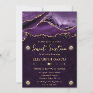 Purple and Gold Glitter Agate Sweet 16 Invitation