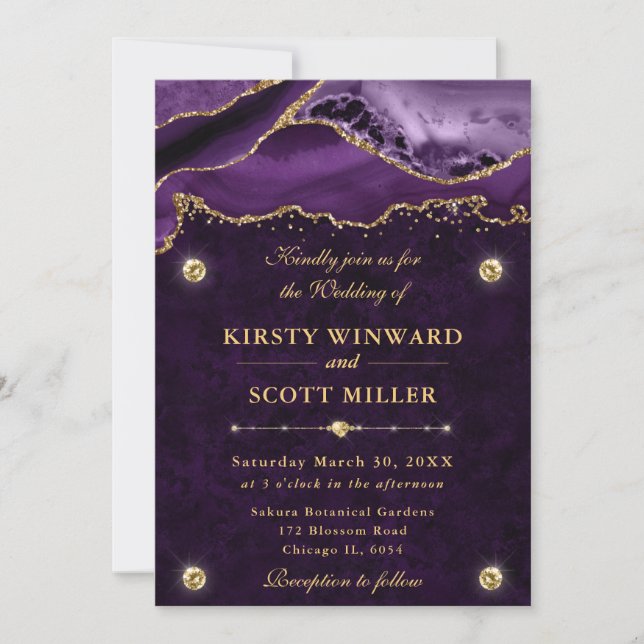 Purple and Gold Glitter Agate Wedding Invitation (Front)
