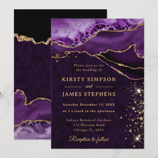  Purple and Gold Glitter Agate Wedding Invitation (Front/Back)