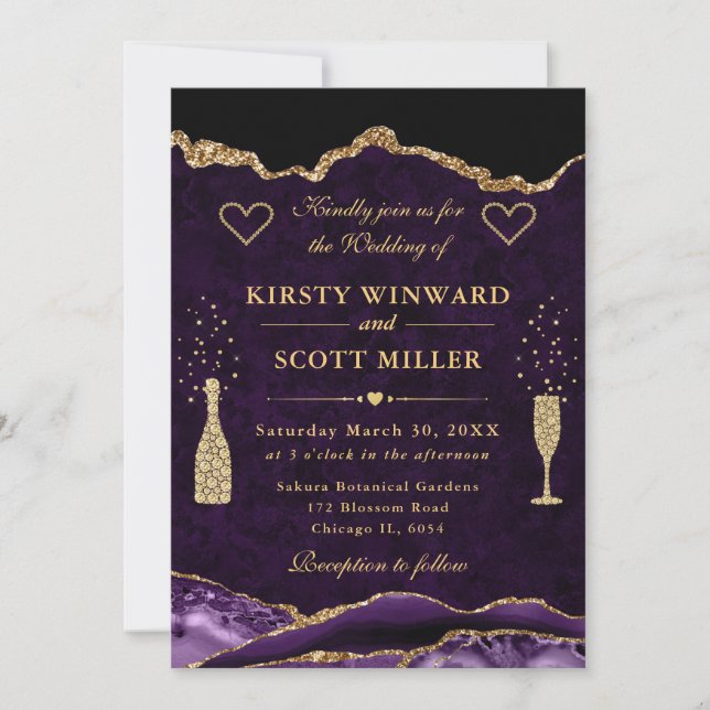 Purple and Gold Glitter Agate Wedding Invitation (Front)