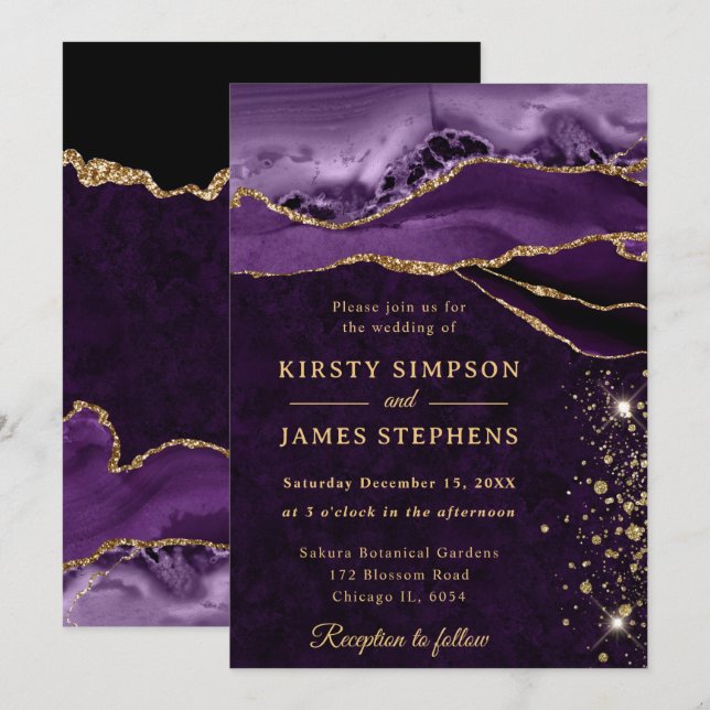 Purple and Gold Glitter Agate Wedding Invitation (Front/Back)