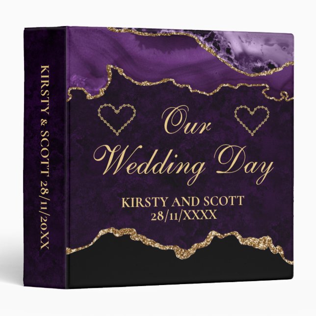 Purple and Gold Glitter Agate Wedding Photo Album 3 Ring Binder (Front/Spine)