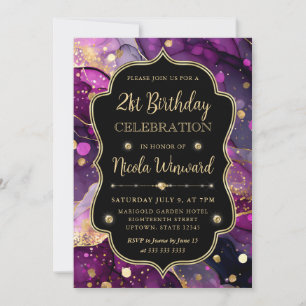 Purple and Gold Glitter Alcohol Ink 21st Birthday Invitation