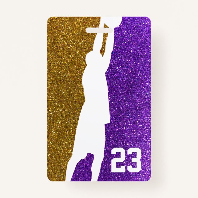 Purple and Gold Glitter Basketball Team Jersey Badge (Front)