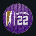 Purple and Gold Glitter Basketball Team Jersey Dart Board<br><div class="desc">Purple and gold faux glitter sparkle behind a bold white outline of a basketball player. Easily update the jersey number and personalize the name. Available in other sparkly team colors.</div>