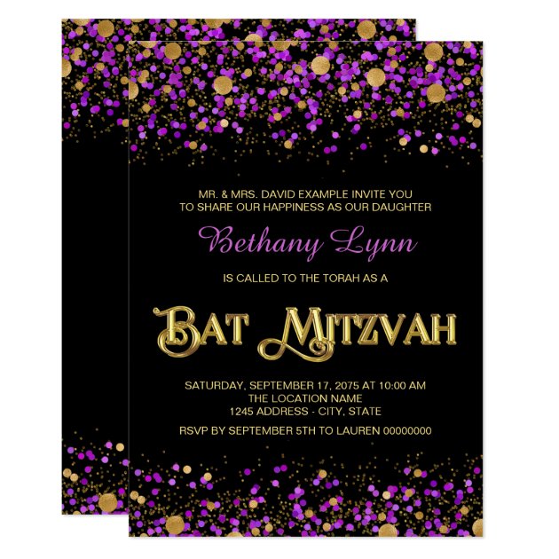 Purple And Gold Glitter Bat Mitzvah Invitation