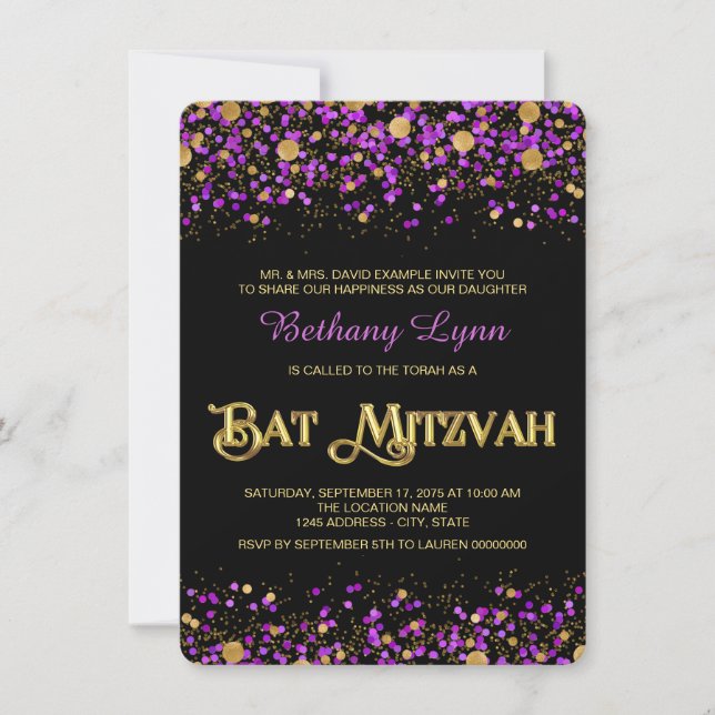 Purple and Gold Glitter Bat Mitzvah Invitation (Front)