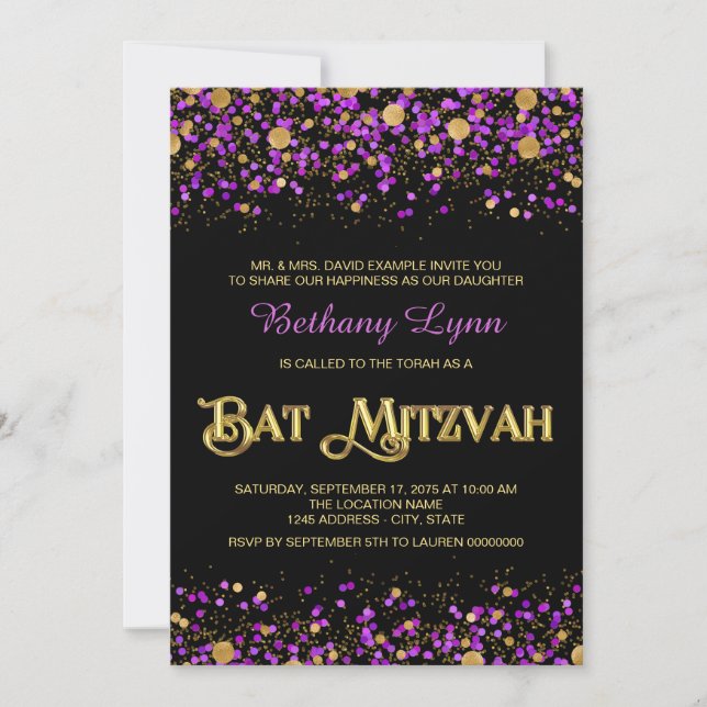 Purple and Gold Glitter Bat Mitzvah Invitation (Front)