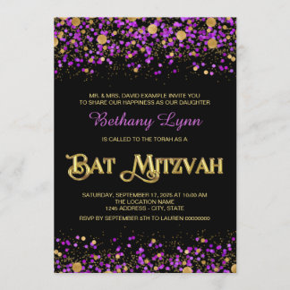 Purple and Gold Glitter Bat Mitzvah Invitation