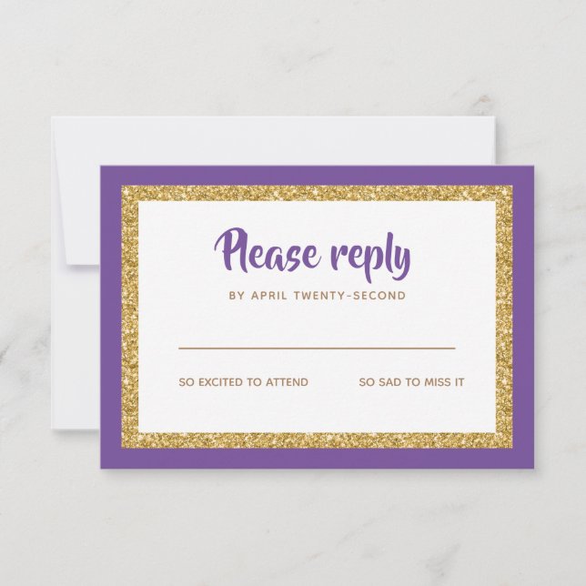 Purple and Gold Glitter Bat Mitzvah Reply RSVP Card (Front)