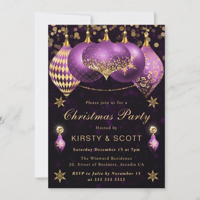Purple and Gold Glitter Baubles Christmas Party Invitation (Front)