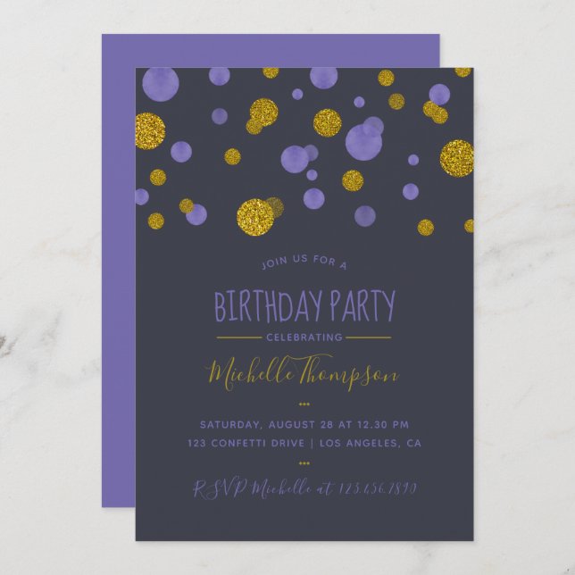 Purple and Gold Glitter Confetti Birthday Party Invitation (Front/Back)