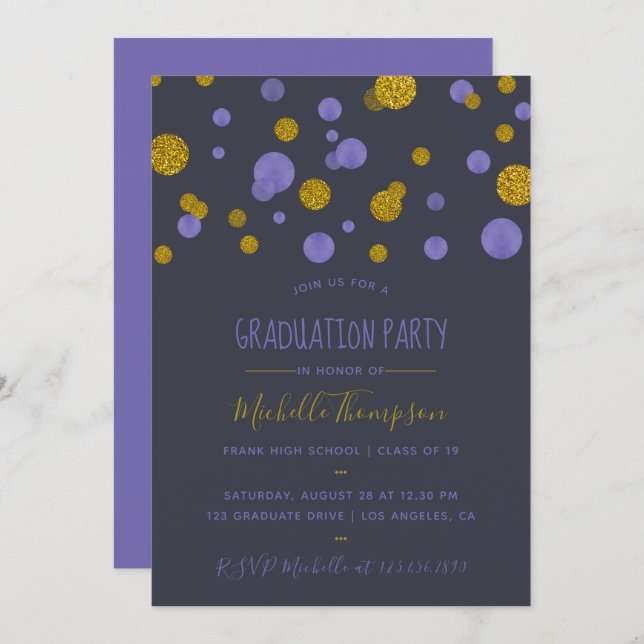 Purple and Gold Glitter Confetti Graduation Party Invitation (Front/Back)