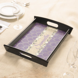 Purple and Gold Glitter Diamond Bling Personalized Serving Tray