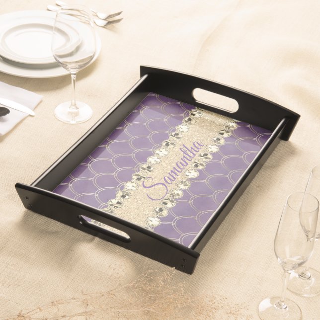 Purple and Gold Glitter Diamond Bling Personalized Serving Tray (Front)