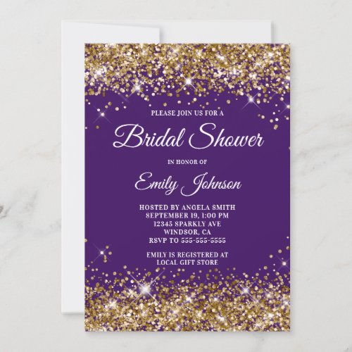 Purple and Gold Glitter Fancy Script Bridal Shower Invitation